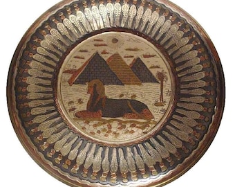 Egyptian Handmade Copper Mixed Metals Plate Sphinx Pyramids Hosny Gomaa 1980's