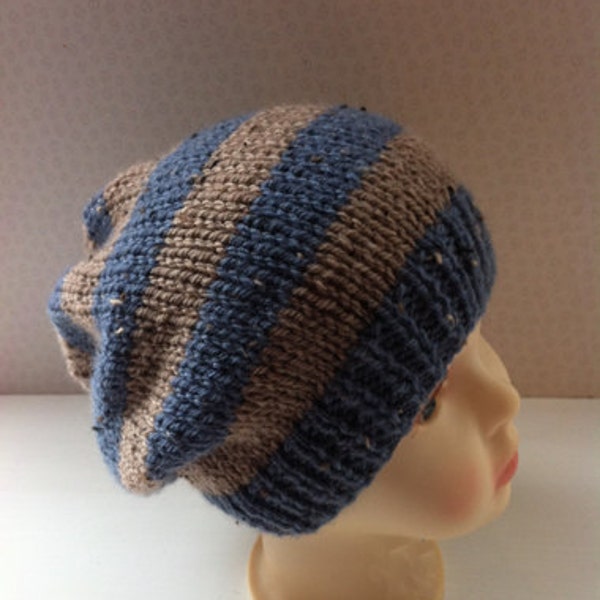 Hand Knitted Children's Hat Striped Slouchie Beanie - 7 - 8 Years - Blue & Beige Stripe