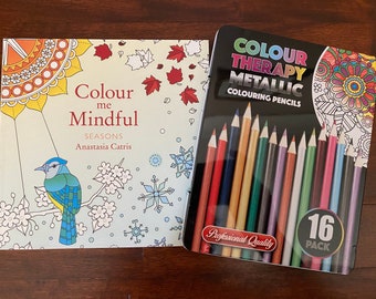 Adult Colouring Book & 16 Metalic Colouring Pencils - Seasons Themes - 50 Pictures