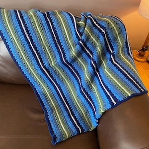 Handmade Afghan Crochet Striped  Blanket  Throw Crochet Afghan Blanket Blue and Green   51&quot; x 49&quot;