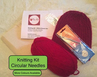 KNITTING KIT - Knit a Ribbed Hat / Beanie / Slouchy Hat on Circular Needles / Knitting Project / More Colours Available