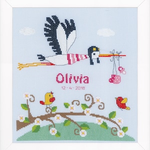 Vervaco Counted Cross Stitch Kit - Stork - Birth Record - New Baby for Boy or Girl / Blue & Pink Thread