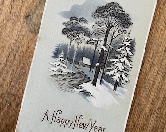 Vintage Postcard | Vintage New Year Postcard | Snowy Scene Postcard | Vintage Winter Scene Art | 1912 | Antique Postcard | Vintage Cards