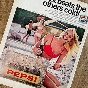 Vintage Pepsi Advertisement | 1960s Pepsi Ad | Pepsi Summer Beach Ad | Vintage Bar Decor | Kitchen Decor | Retro Ads | Pepsi Collectible
