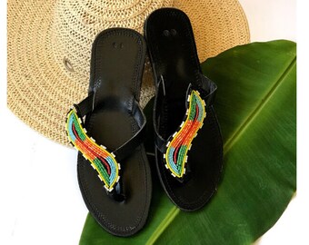 Black leather handmade handbeaded green white yellow orange black beads sandals