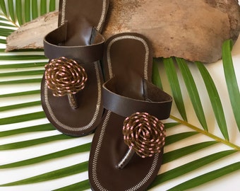 Brown leather handmade handbeaded pink white beads sandals shoes