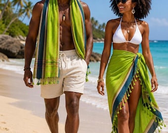 Lime Green Authentic African Kikoy Sarong | Lightweight Cotton Beach Wrap Skirt cruise wear
