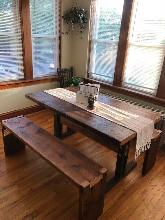 Reclaimed Barn Wood And Steel Trestle Dining Table Etsy