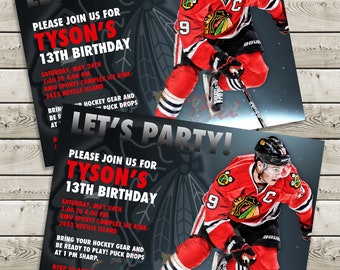 May include: A black and red hockey birthday party invitation with a photo of a hockey player wearing a red and black jersey with the number 9 on it. The invitation says "Let's Party!" and "Please join us for Tyson's 13th Birthday".