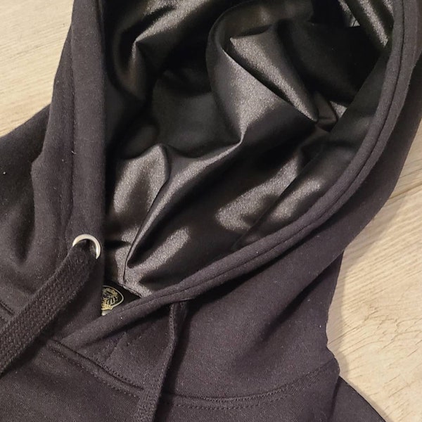 Black - Luxurious Satin Lined Hoodie - Style, Comfort and Hair Protection Combined, Quality Satin, Fashionable and Cozy Hooded Sweatshirt