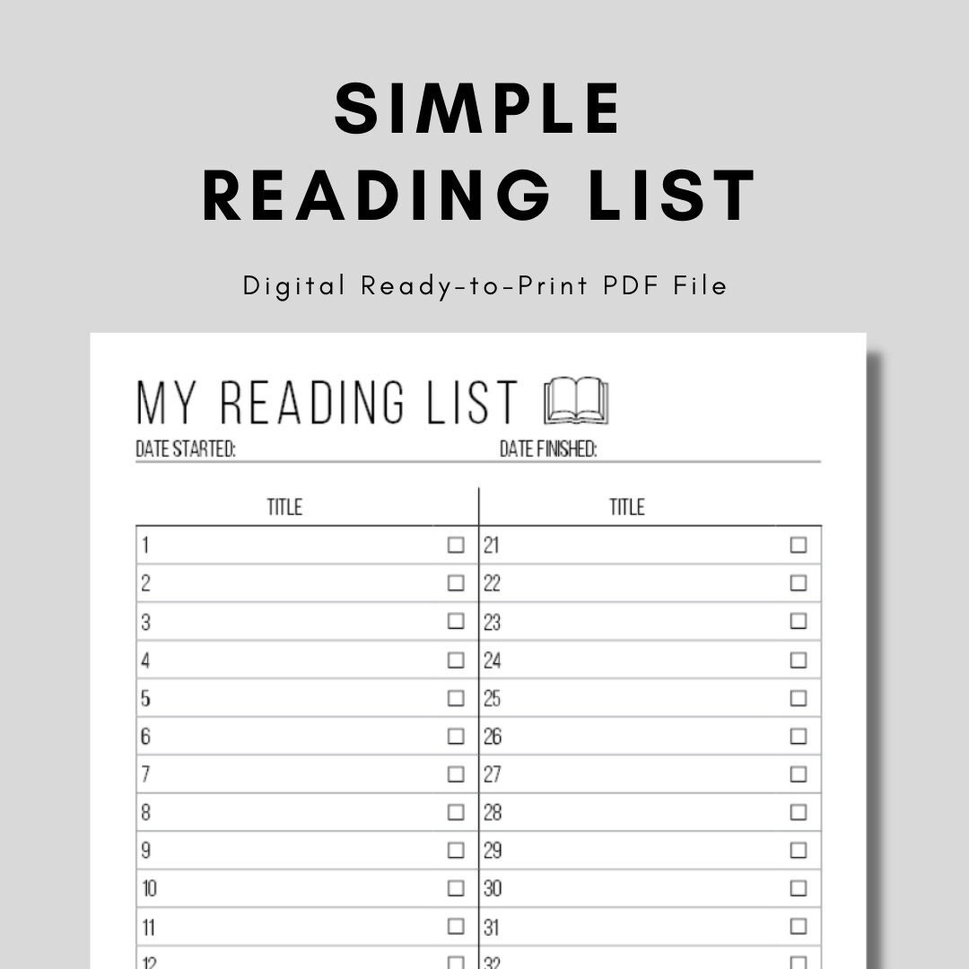 Simple Reading List Digital Download PDF Etsy