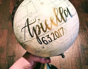 Customize Me! Wedding Guestbook Globe, Custom globe, calligraphy globe, hand lettered globe, white and gold globe, alt guestbook (8in.)