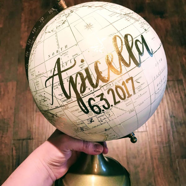 Customize Me! Wedding Guestbook Globe, Custom globe, calligraphy globe, hand lettered globe, white and gold globe, alt guestbook (8in.)