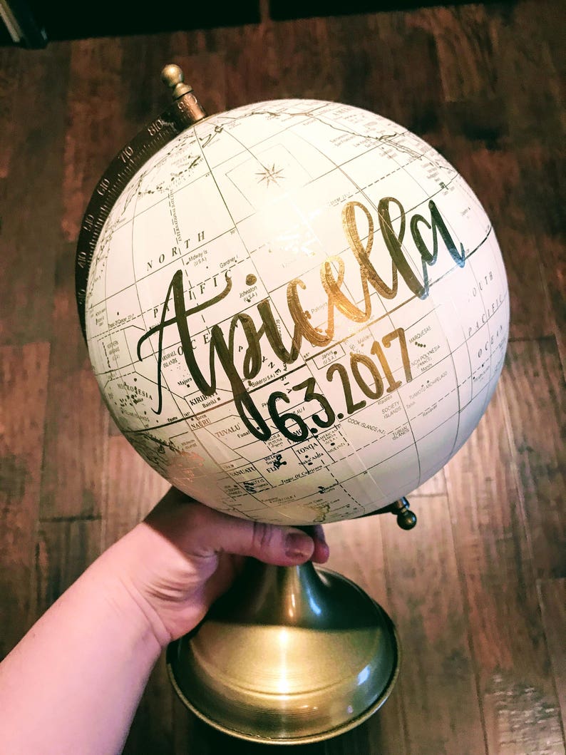 Customize Me Wedding Guestbook Globe, Custom globe, calligraphy globe, hand lettered globe, white and gold globe, alt guestbook 8in. image 1