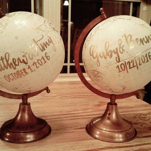 Customize Me Wedding Guestbook Globe, Custom globe, calligraphy globe, hand lettered globe, white and gold globe, alt guestbook 8in. image 2