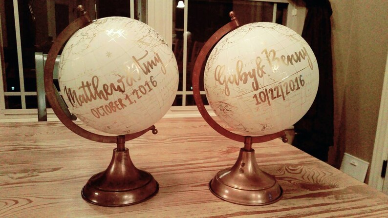 Customize Me Wedding Guestbook Globe, Custom globe, calligraphy globe, hand lettered globe, white and gold globe, alt guestbook 8in. image 2