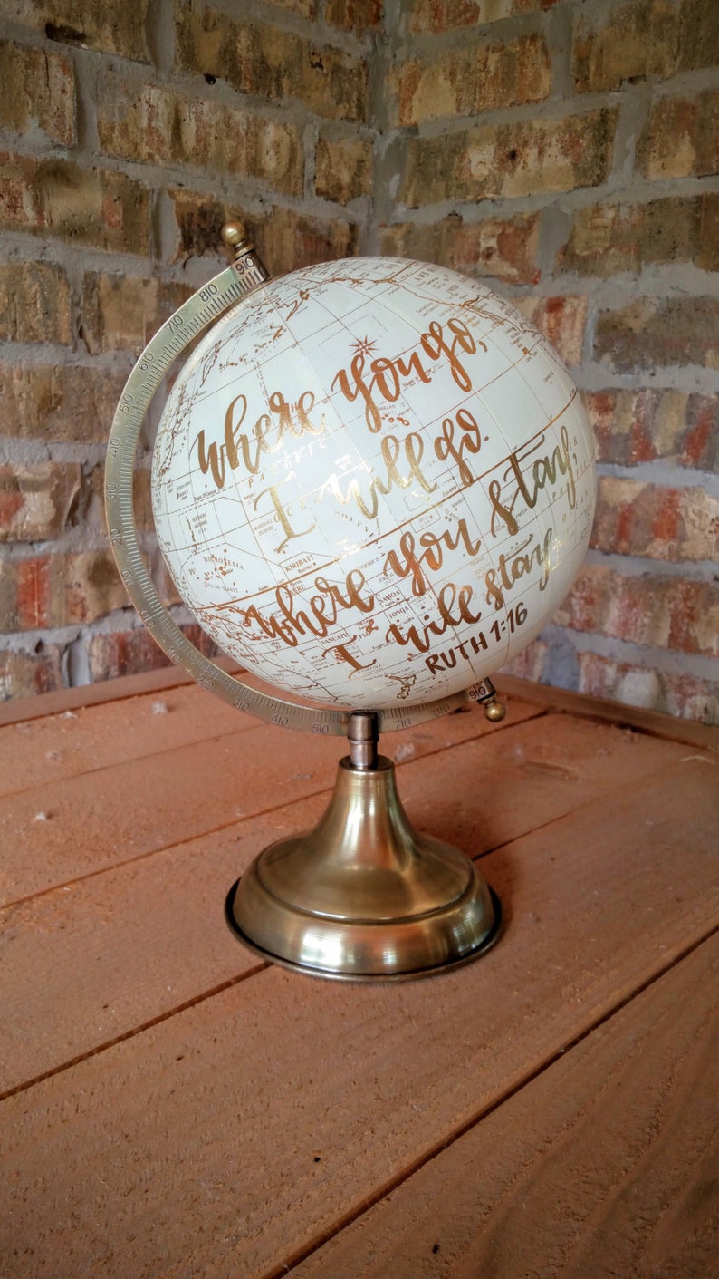 Customize Me Wedding Guestbook Globe, Custom globe, calligraphy globe, hand lettered globe, white and gold globe, alt guestbook 8in. image 3