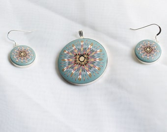 Polymer clay millefiori cane sterling silver earring and pendant set