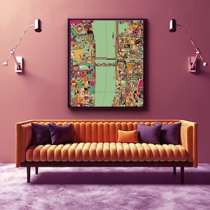 May include: A colorful abstract city map print in a black frame hanging on a pink wall above a brown velvet sofa with two purple pillows.