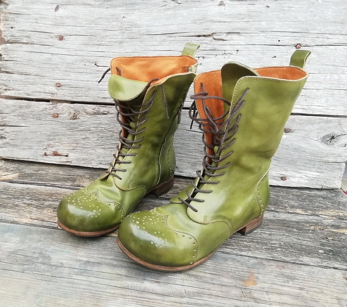 Handcrafted leather boots Olive green | Etsy