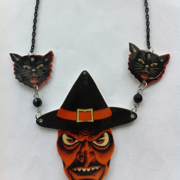 Vintage Beistle Creepy Alice & Black Cat  Necklace