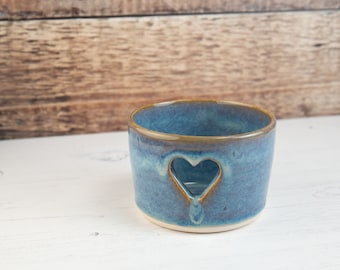 Blue Heart Tea Light Holder - Handmade Stoneware Candle Holder