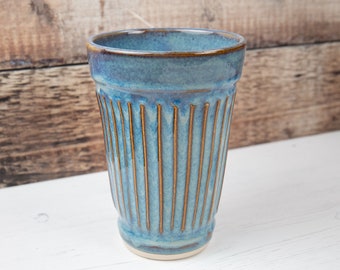 Vase - Denim Blue carved Stoneware Flower Vase - Handmade Pottery