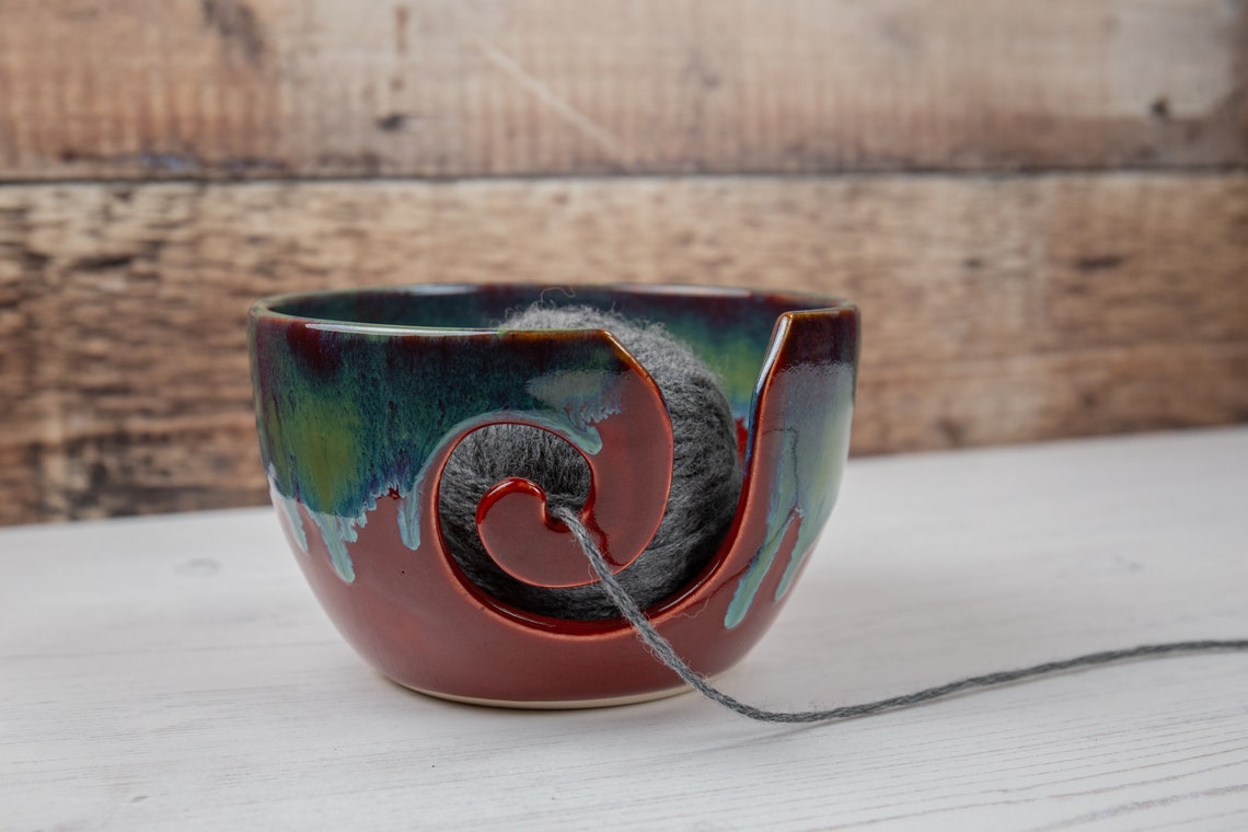 Yarn Bowl Deep Red and Blue Green Wool Bowl Stoneware Etsy