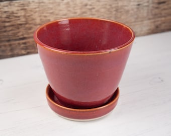 Plant Pot With Drip Tray - Deep Pink Grapefruit Planter - Stoneware Ceramic