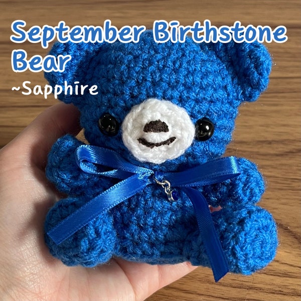 Sapphire Birthstone Bear - Cute Crochet September Birthstone Bear with Bowtie and Birthstone Charm