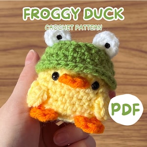 DIGITAL PATTERN of Amigurumi Duck with a Frog Hat - small plush duck frog keychain pattern pdf crochet plushie gift