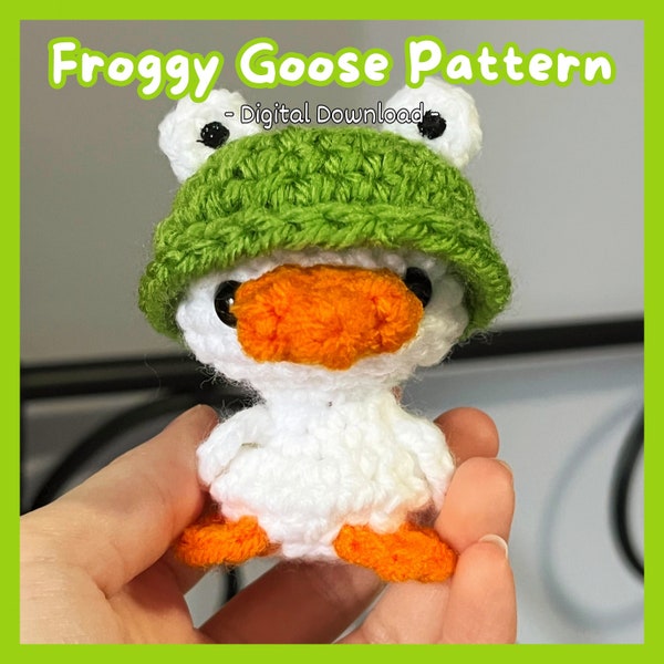 DIGITAL PATTERN of Amigurumi Goose with a Frog Hat - small plush duck frog keychain pattern pdf crochet plushie gift