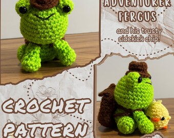 PATRÓN DIGITAL El aventurero Fergus y su fiel compañero Chip - llavero de peluche pequeño con forma de rana y pato, patrón de crochet en pdf, regalo de peluche