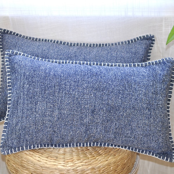 Textured Lumbar Pillow Covers 12x20 inch, Heather Navy Blue / Trimmed Edges Soft Chenille Cushion Covers, Farmhouse Pillow Covers for Couch