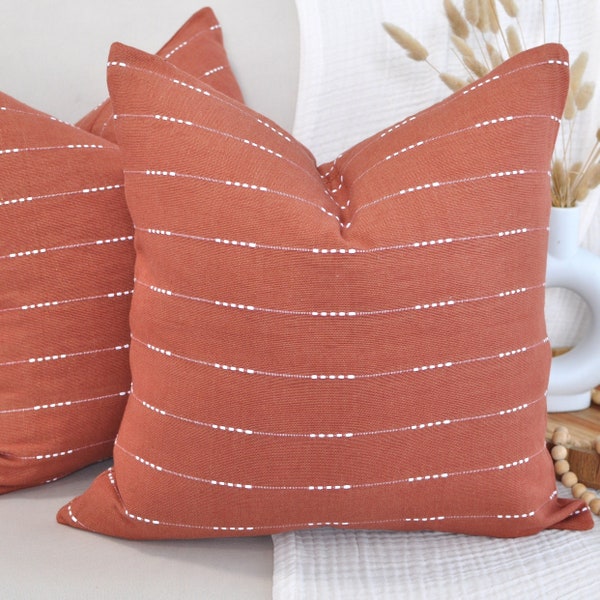 18x18 Cotton Pillow Covers Pack of 2 Terracotta / Woven Striped Pattern Contemporary Rust Brown Pillow Cases/ Farmhouse Cushion Covers 20x20