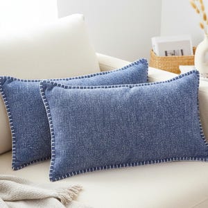 Textured Lumbar Pillow Covers 12x20 inches  Navy Blue Trimmed Edges Soft Chenille Cushion Covers Farmhouse Pillowcases for Couch.
