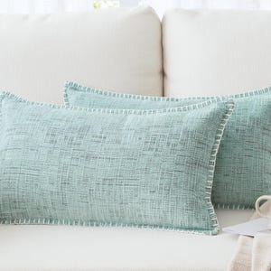 Textured Chenille Soft Lumbar Throw Pillow Cover 12x20 inch Turquoise Green Trimmed Edges  Cushion Cover Farmhouse Pillowcases.