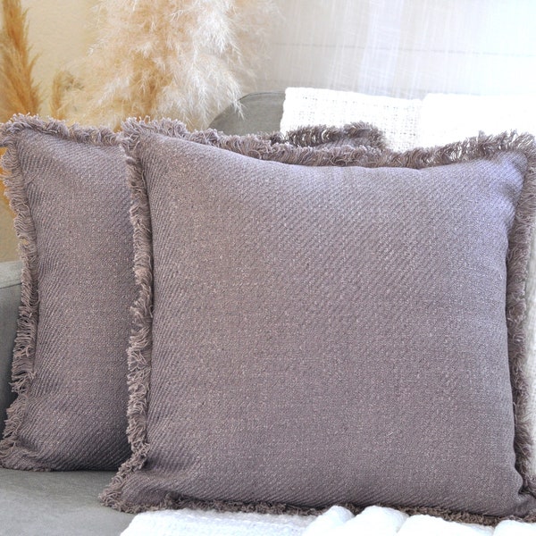 Farmhouse Pillow Covers with Fringe Taupe Brown, Decorative Textured  Pillow Cases for Couch, Cushion Cover with Frayed Edge Frill Beige