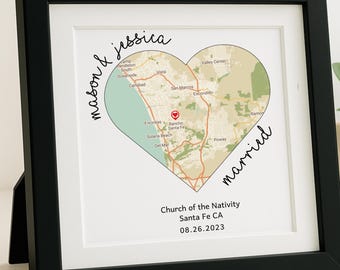 Wedding Gift for Couple Personalized Heart Map Frame Marriage Location Custom Anniversary or Engagement Present Keepsake Proposal Place Sign