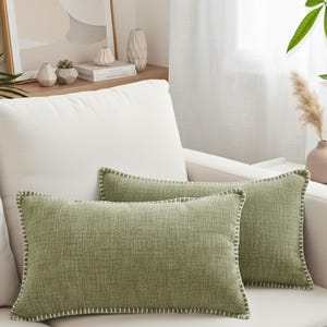 Textured Chenille Lumbar Pillow Covers 12x20 inch Sage Green | Olive Trimmed Edges Soft Cushion Covers Farmhouse Pillowcases