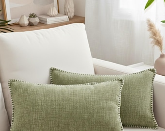 Fundas de almohada lumbares de chenilla texturizada de 30 x 50 cm, color verde salvia/oliva, bordes ribeteados, fundas de cojín suaves, fundas de almohada estilo rústico.