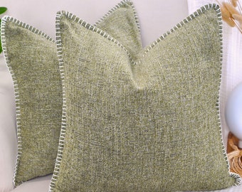 Textured Throw Pillow Covers Set of 2 Sage/Olive Green Stitched Edge Chenille Cushion Covers Velvet Soft  Decorative Pillow Cases