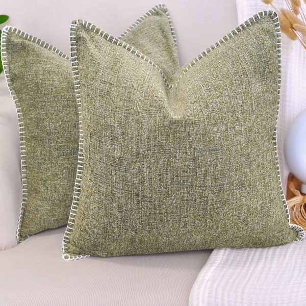 Textured Throw Pillow Covers Set of 2 Sage/Olive Green Stitched Edge Chenille Cushion Covers Velvet Soft  Decorative Pillow Cases