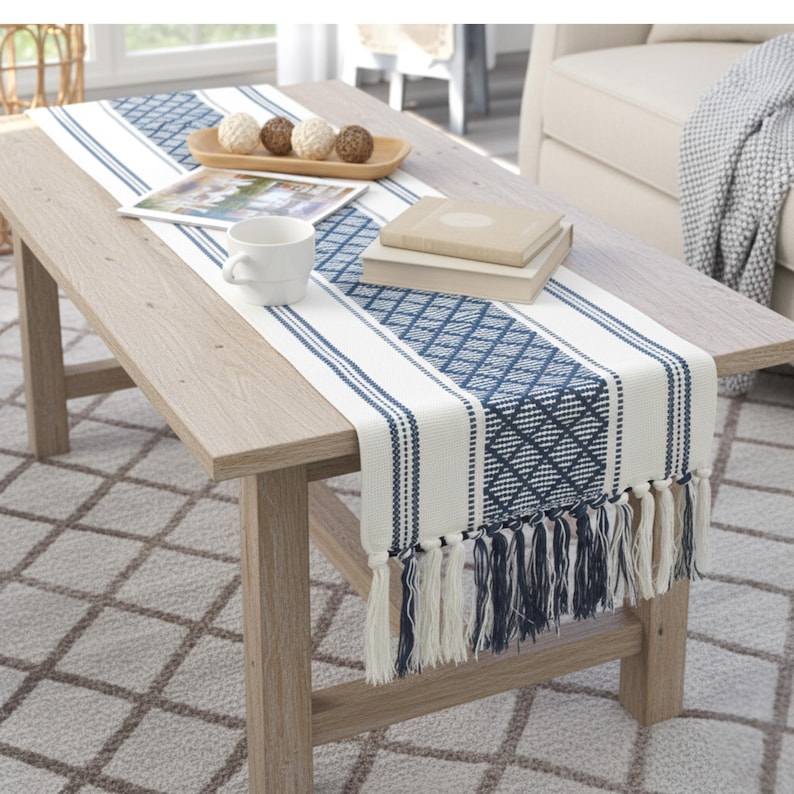 Dining Table Runner Olive Green & Cream White Cotton Woven Coffee Table Runner Washable Farmhouse Boho Dresser Scarf Console Table Cover image 14