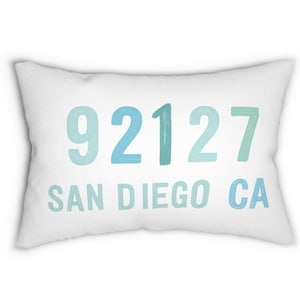 Custom Zip Code Throw Pillow Personalized City & State Lumbar Cushion Coastal Blue Shades Brush Lettering Housewarming or Realtor Gift