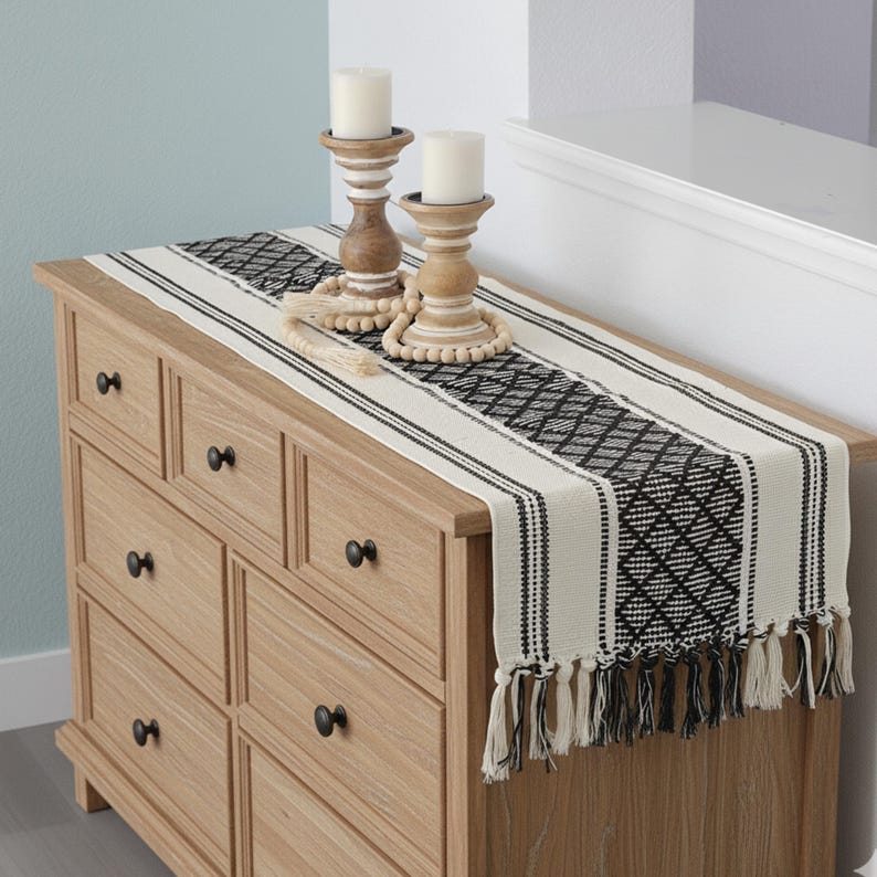 Dining Table Runner Olive Green & Cream White Cotton Woven Coffee Table Runner Washable Farmhouse Boho Dresser Scarf Console Table Cover image 16