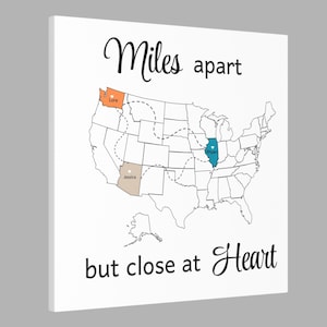 Personalized Long Distance Friendship Gift Canvas  Wall Art Miles Apart Custom State Miles Apart Moving Gift For Friends Family Relatives