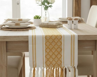 Cotton Woven Table Runner with Tassels Mustard Yellow & off white Washable Farmhouse Dresser Scarf Console Table Cover for Fall Season Decor