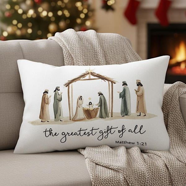 The Greatest Gift of All Christian Nativity Star Pillow Mistletoe Xmas Holiday Christian Décor Baby Jesus Religious Cushion Faith Gift