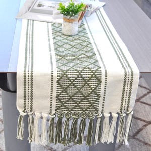 Dining Table Runner Olive Green & Cream White Cotton Woven Coffee Table Runner Washable Farmhouse Boho Dresser Scarf Console Table Cover image 8
